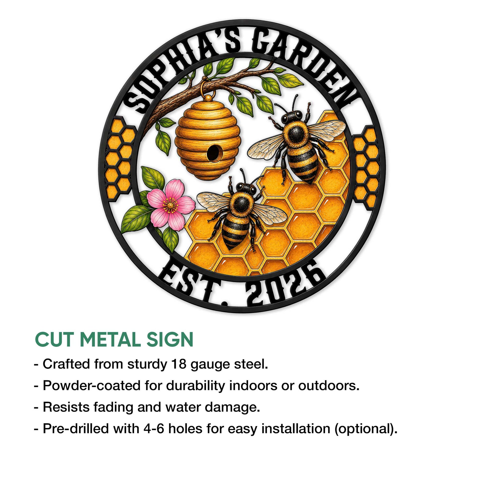 Honeybee garden metal sign with two bees, a beehive, honeycomb pattern, and colorful botanical details