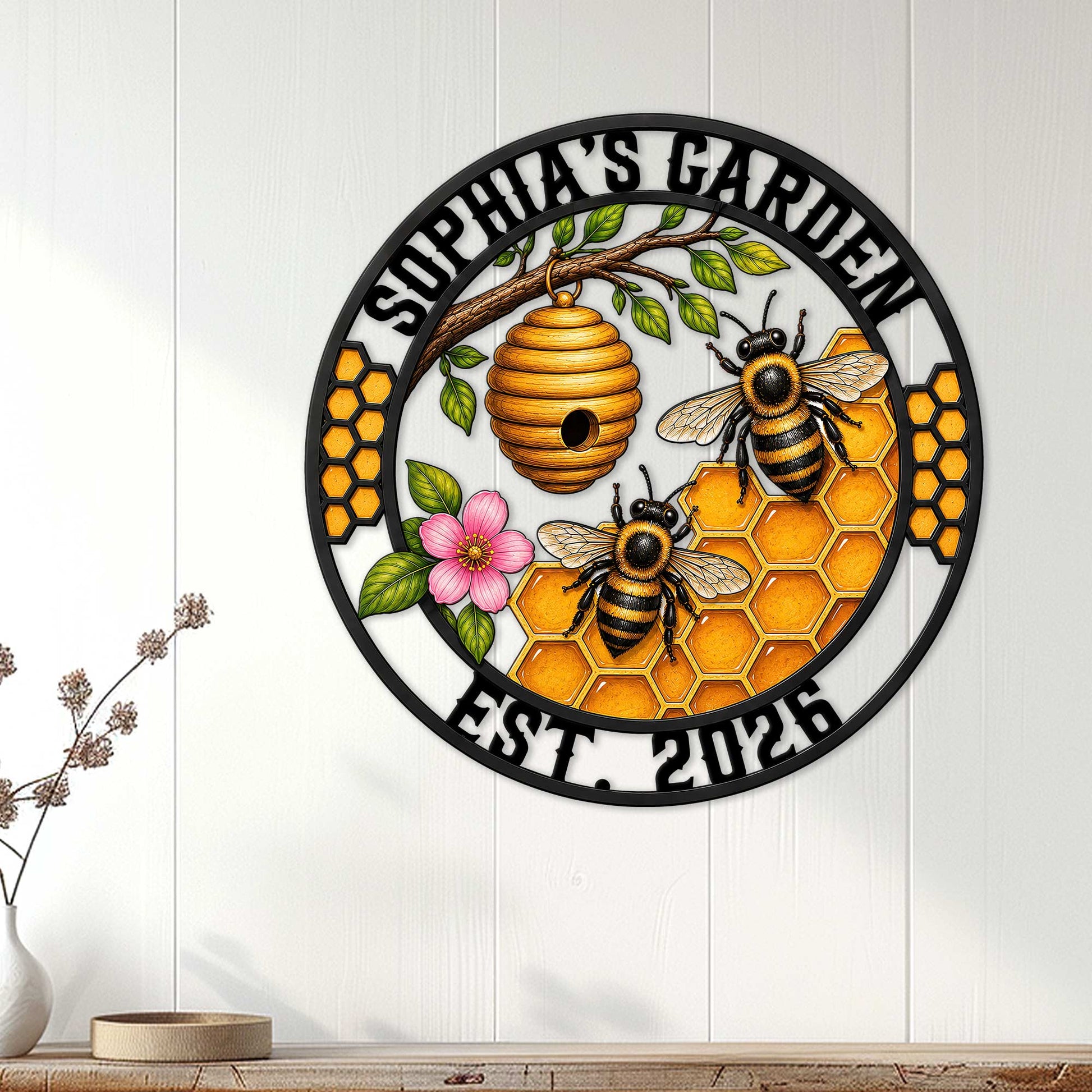 Honeybee metal wall sign displayed on a white paneled wall as cheerful garden-inspired home decor
