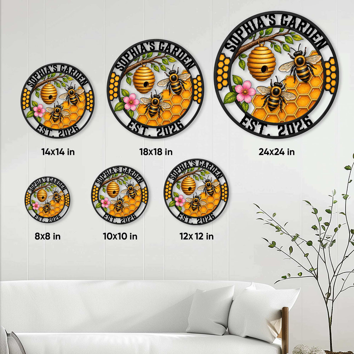 Honeybee garden metal sign shown in multiple size options from 8x8 inches through 24x24 inches