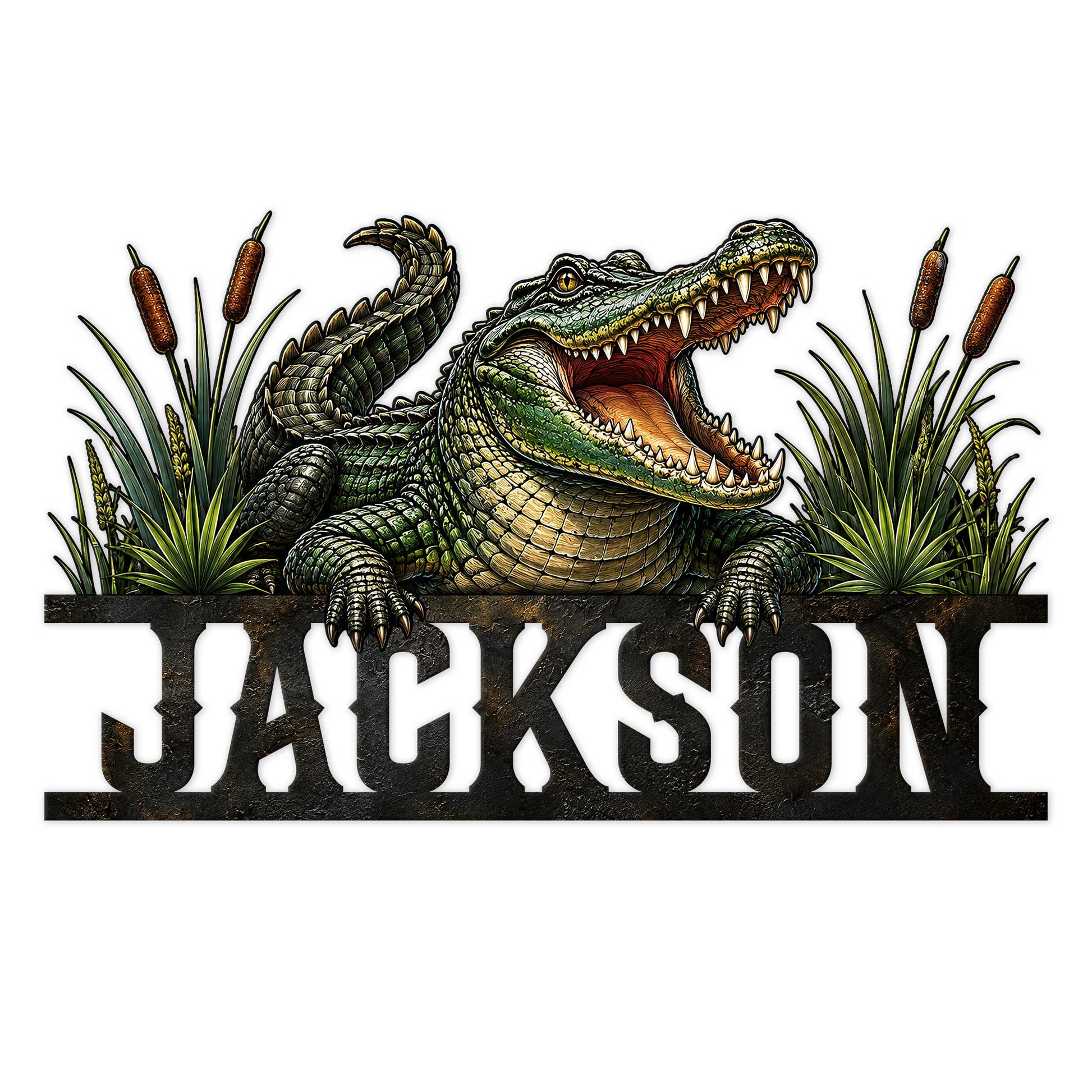 Detailed alligator metal sign featuring a fierce open-mouthed gator rising from marsh grass