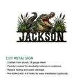 Alligator metal sign preview with a bold gator design and product feature information