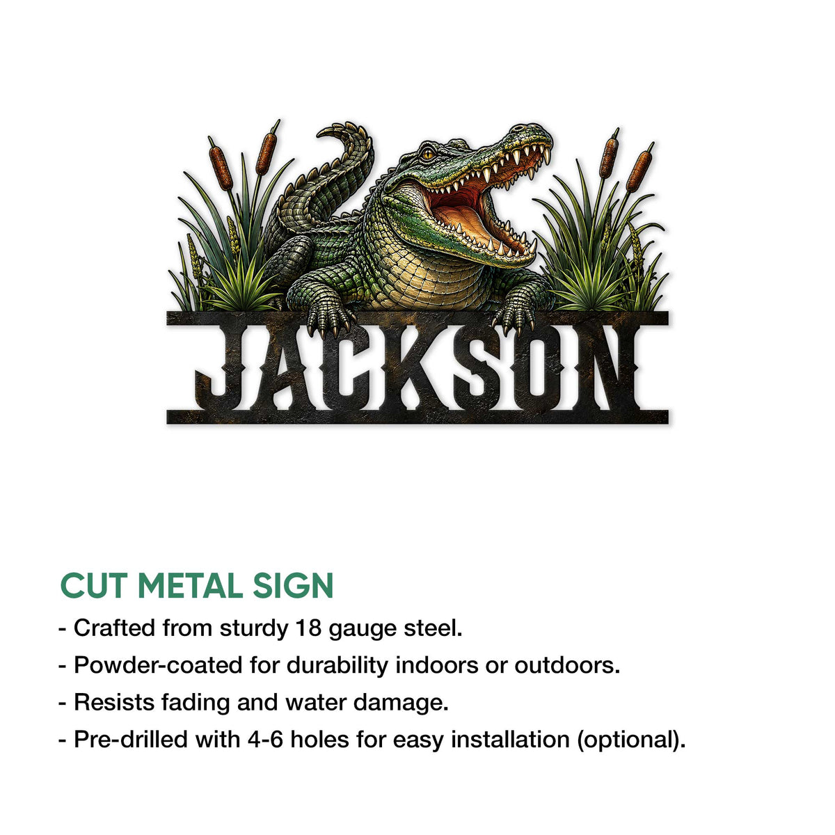 Alligator metal sign preview with a bold gator design and product feature information