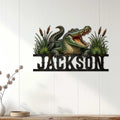 Alligator wall sign displayed on a white paneled wall above a console table