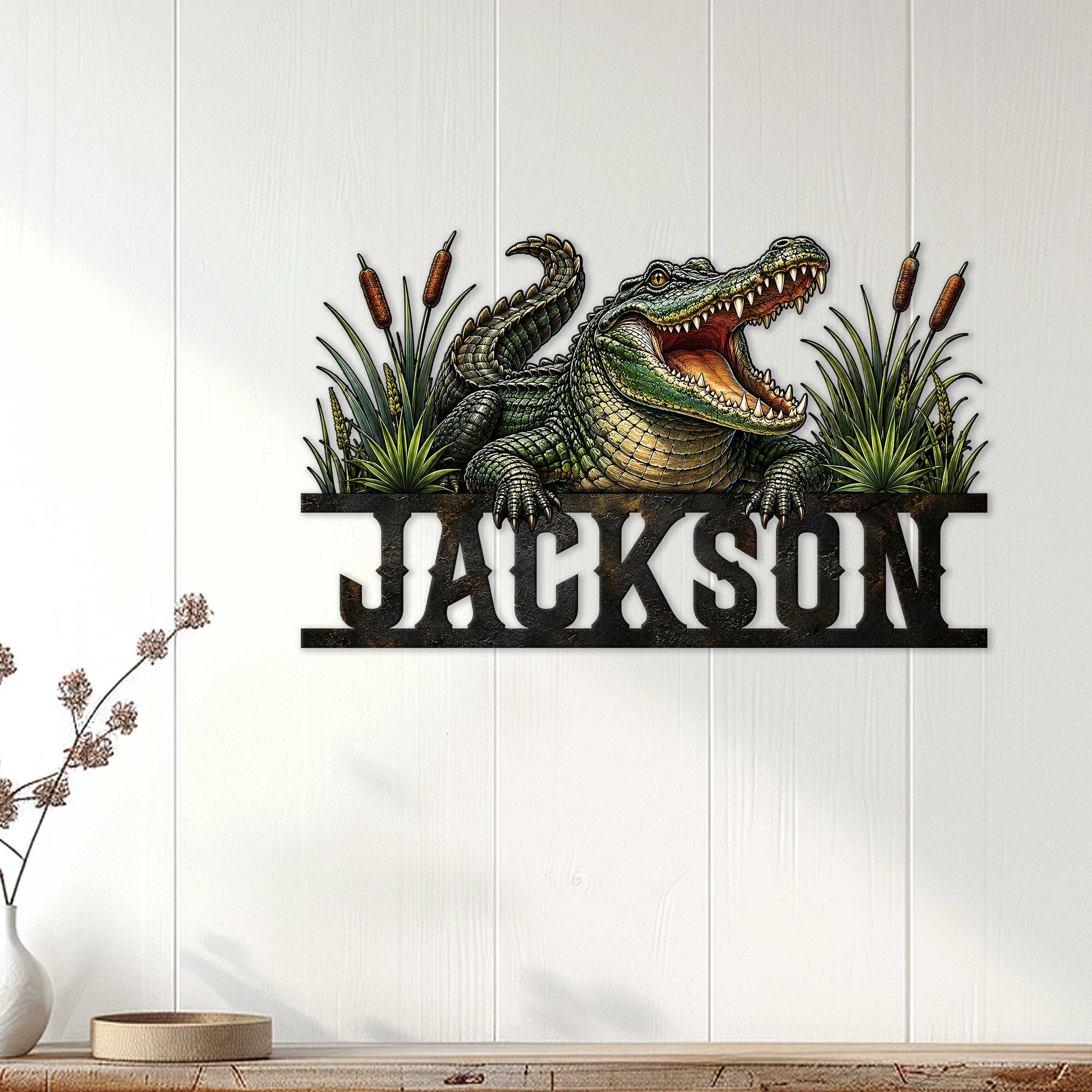 Alligator wall sign displayed on a white paneled wall above a console table