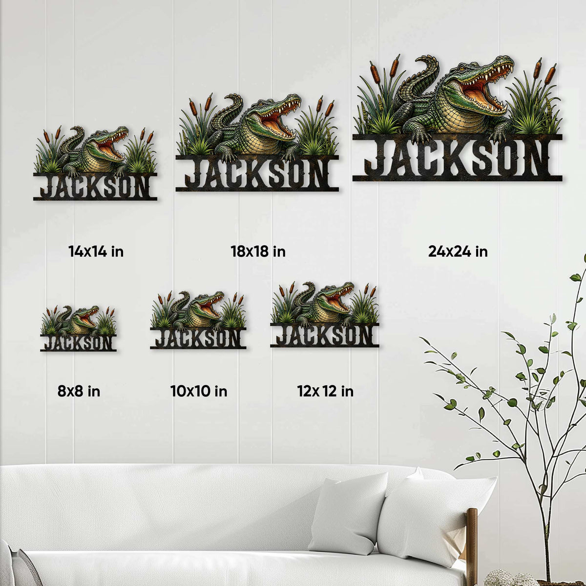 Alligator metal sign size guide showing several available square size options