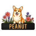 Custom corgi metal sign featuring a cheerful sitting dog surrounded by colorful flowers and leafy greenery