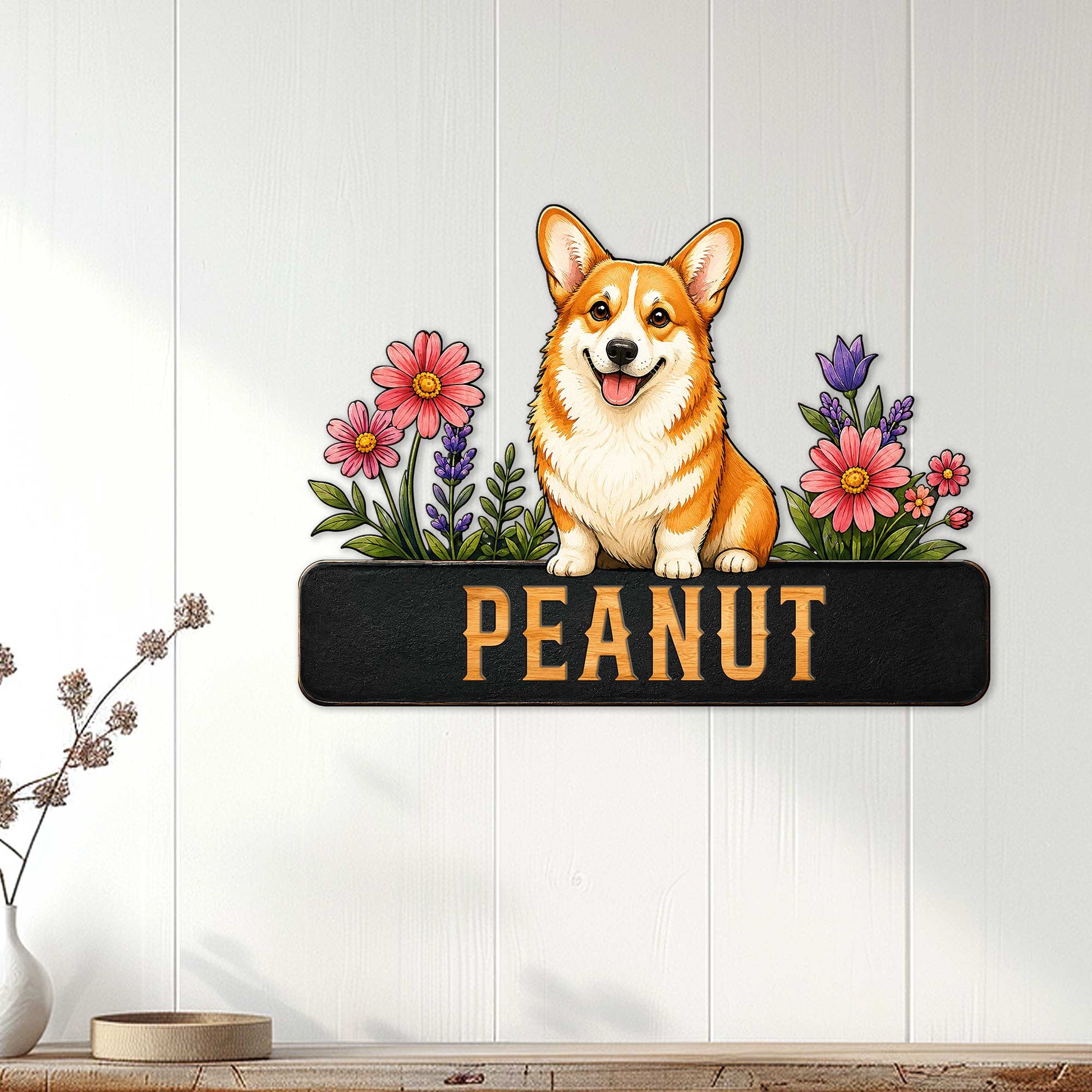 Floral corgi metal sign displayed as cheerful wall decor on a light wood-paneled interior wall