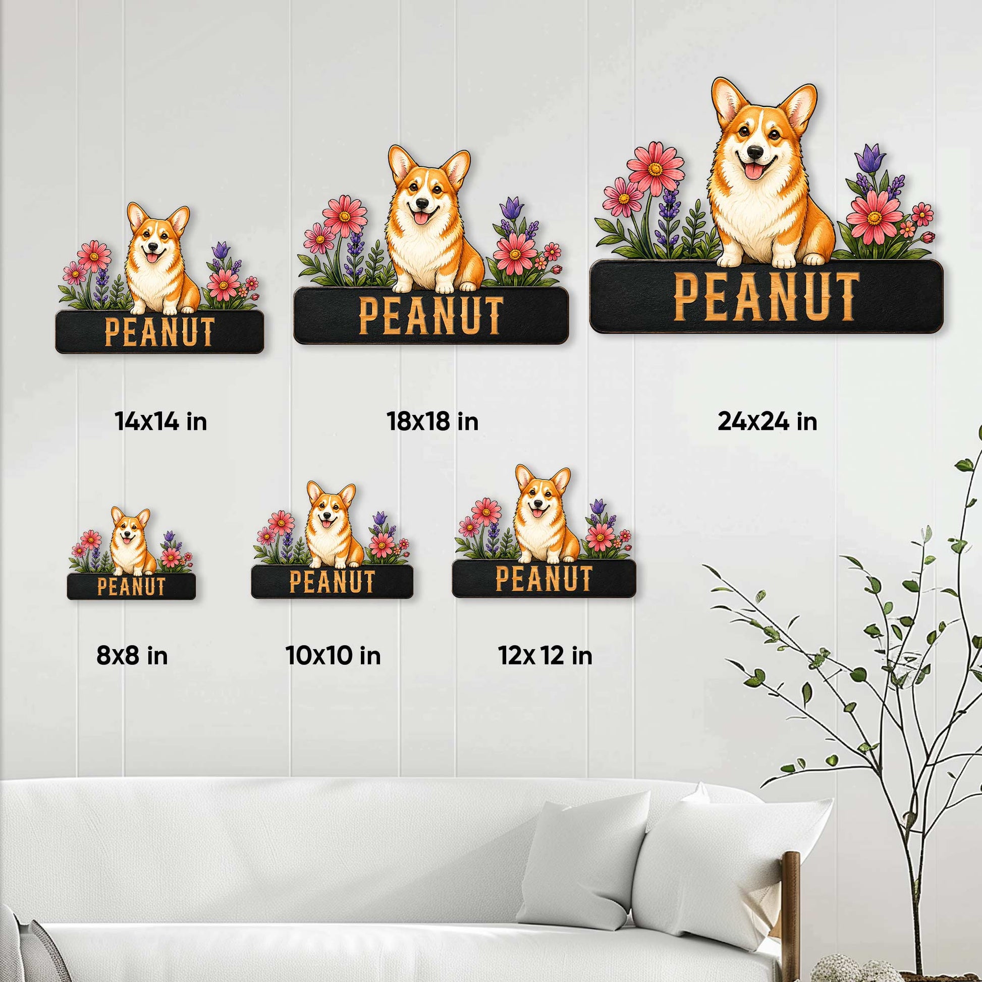 Corgi metal sign size guide showing six available square dimensions from 8x8 to 24x24 inches