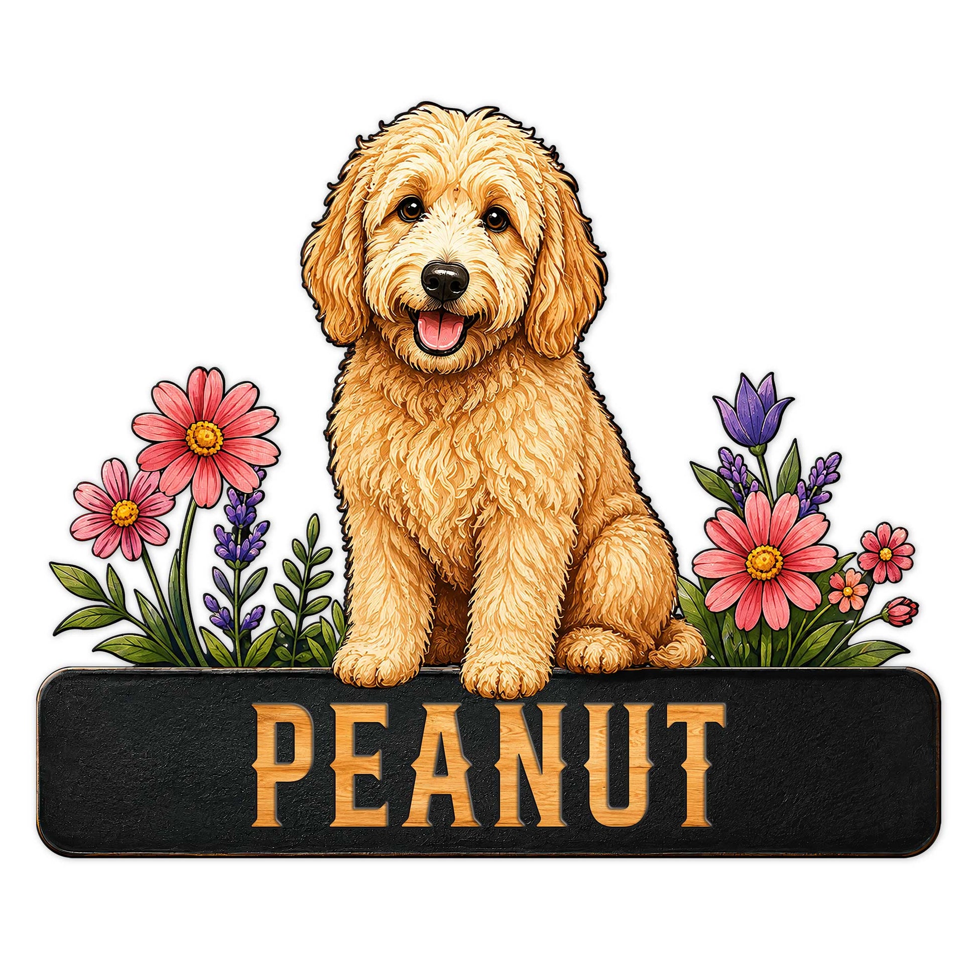 Goldendoodle metal sign featuring a cheerful curly-haired dog surrounded by colorful flowers
