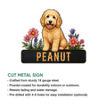 Goldendoodle cut metal sign shown with a floral dog design and product feature information
