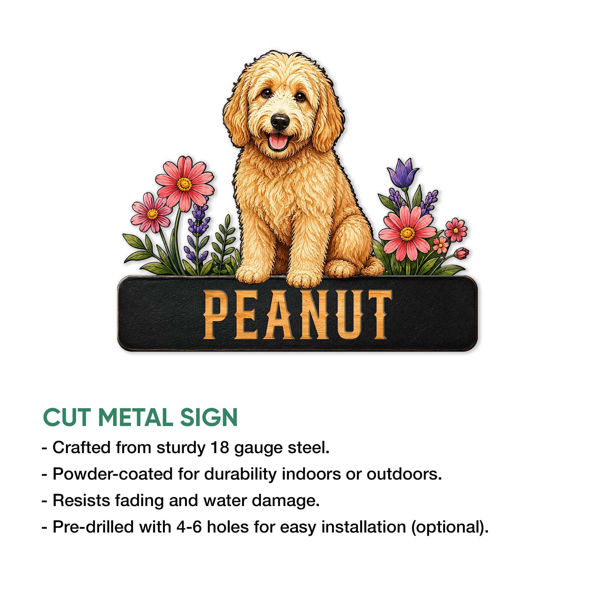 Goldendoodle cut metal sign shown with a floral dog design and product feature information