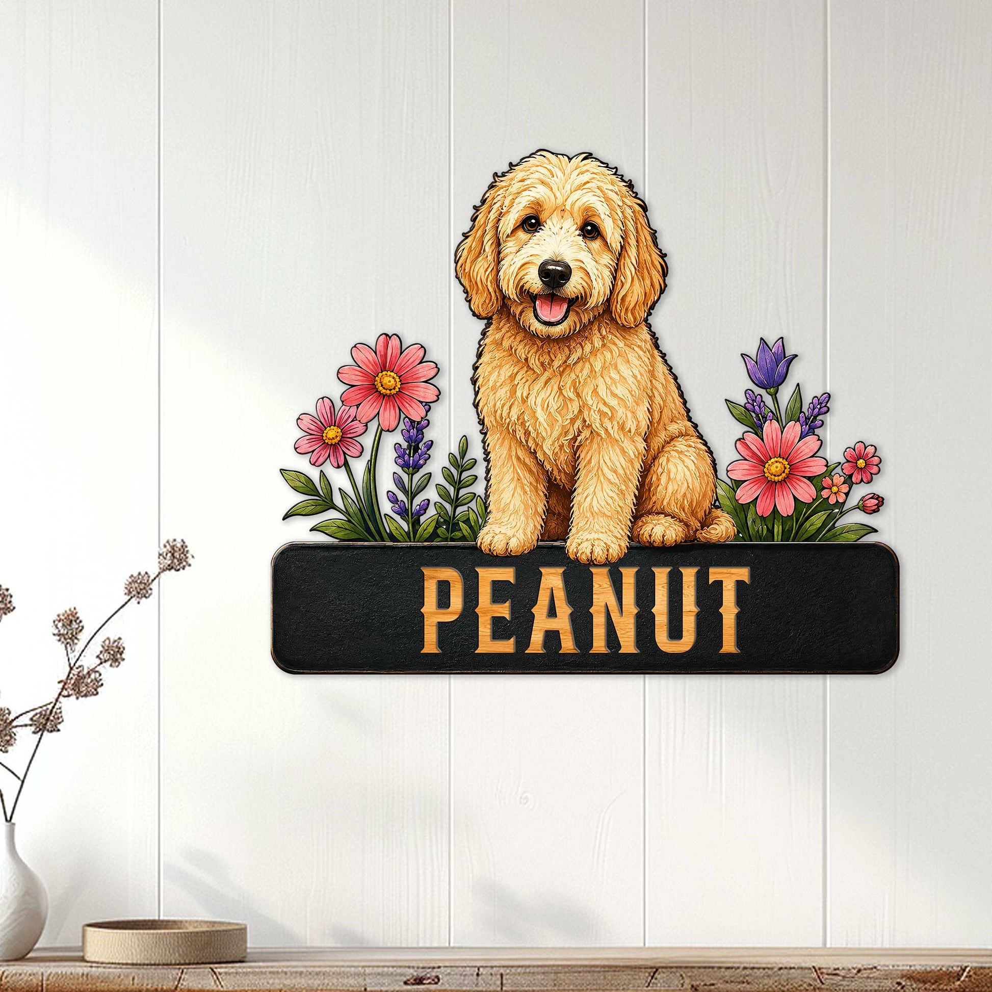Goldendoodle wall sign displayed on a light wood-paneled wall with colorful floral artwork