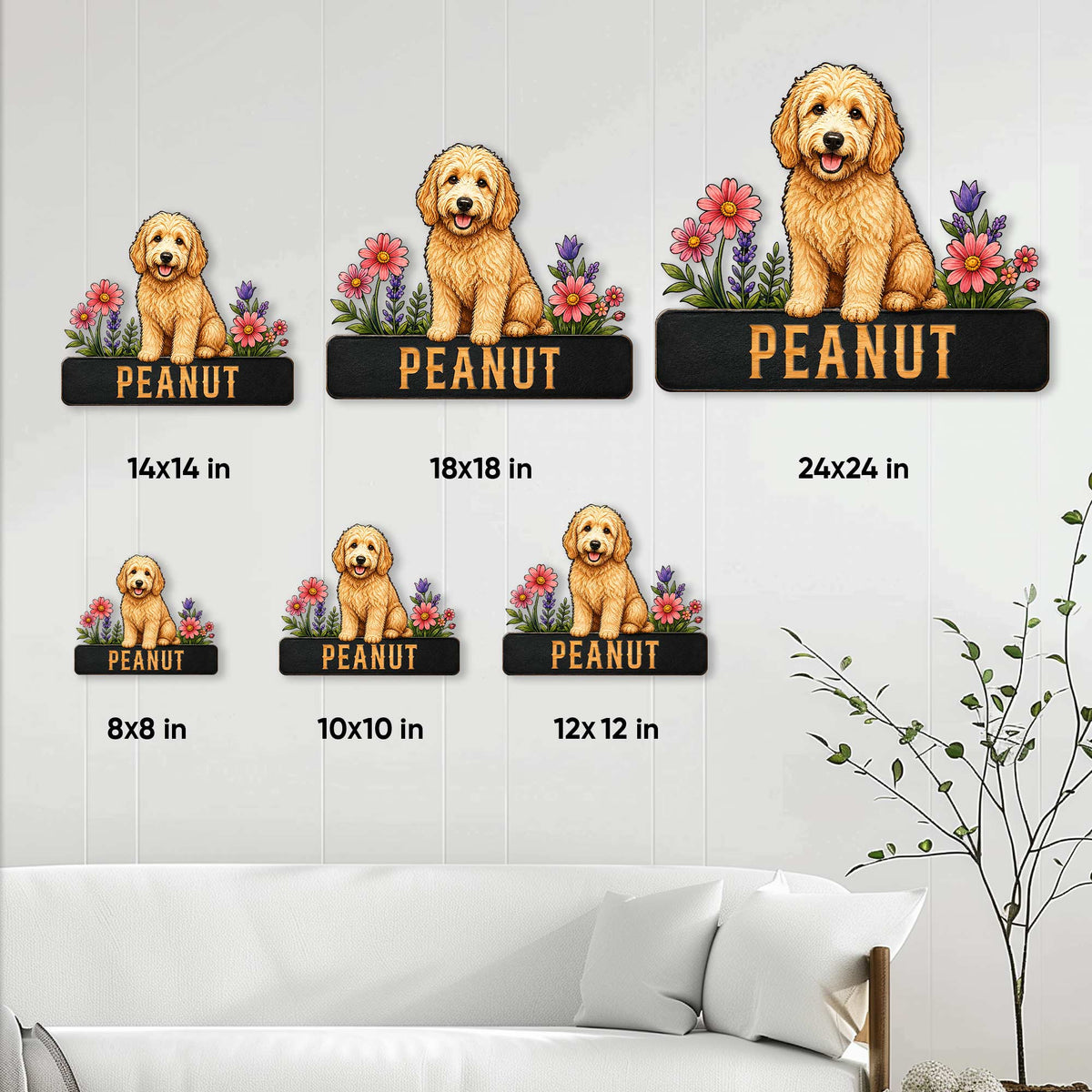 Goldendoodle metal sign size guide showing multiple square size options in a room setting
