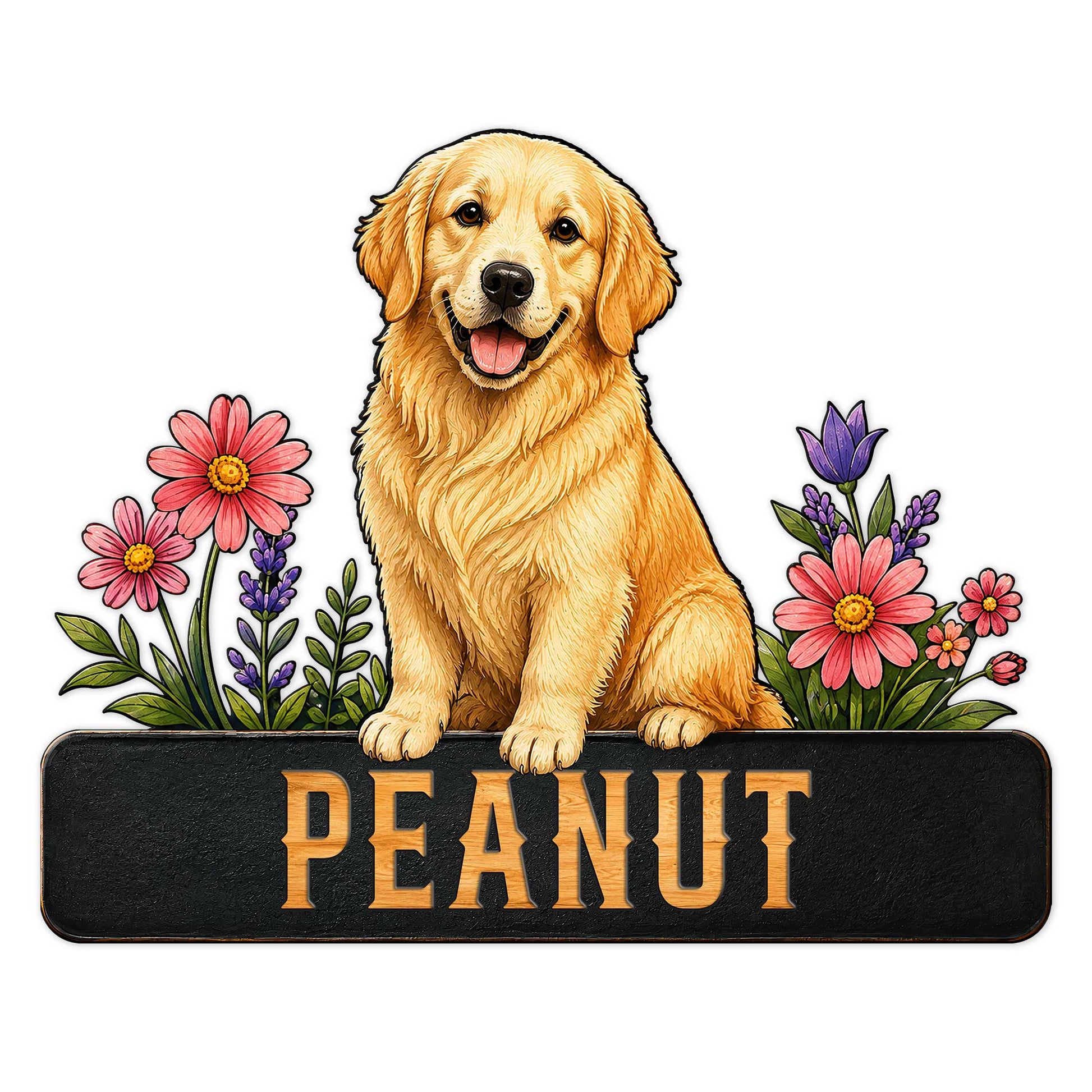 Golden Retriever metal sign featuring a seated dog portrait surrounded by colorful flowers