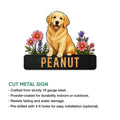 Golden Retriever cut metal sign shown with a floral dog design and product feature details