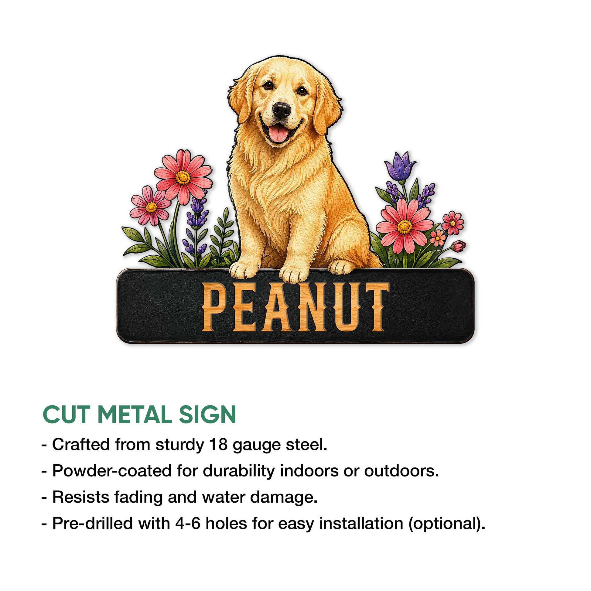 Golden Retriever cut metal sign shown with a floral dog design and product feature details
