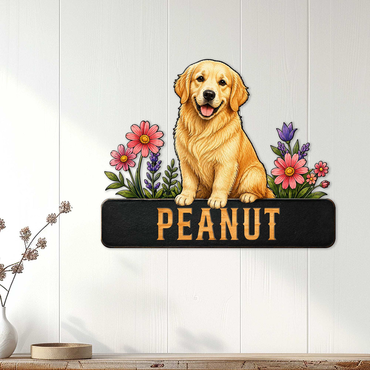 Golden Retriever floral metal wall sign displayed on a white paneled interior wall