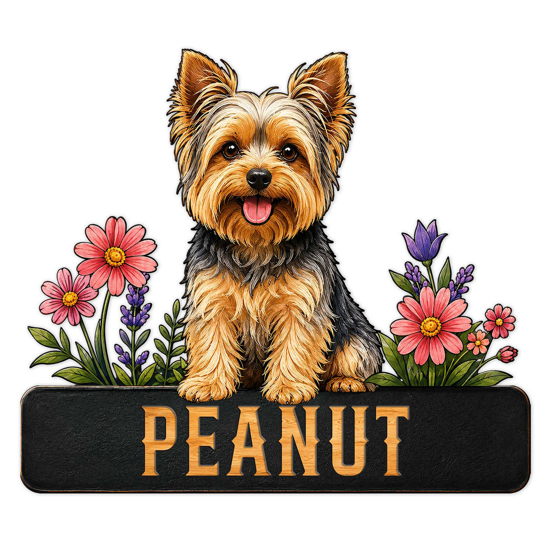 Custom Yorkie metal sign featuring a cheerful Yorkshire Terrier surrounded by colorful flowers