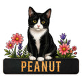 Custom tuxedo cat metal sign featuring a black-and-white cat surrounded by colorful flowers