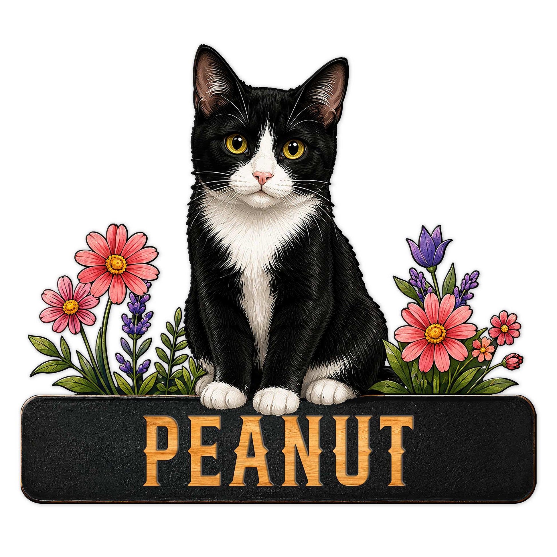 Custom tuxedo cat metal sign featuring a black-and-white cat surrounded by colorful flowers