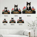 Tuxedo cat metal sign size guide showing six square size options from 8x8 to 24x24 inches
