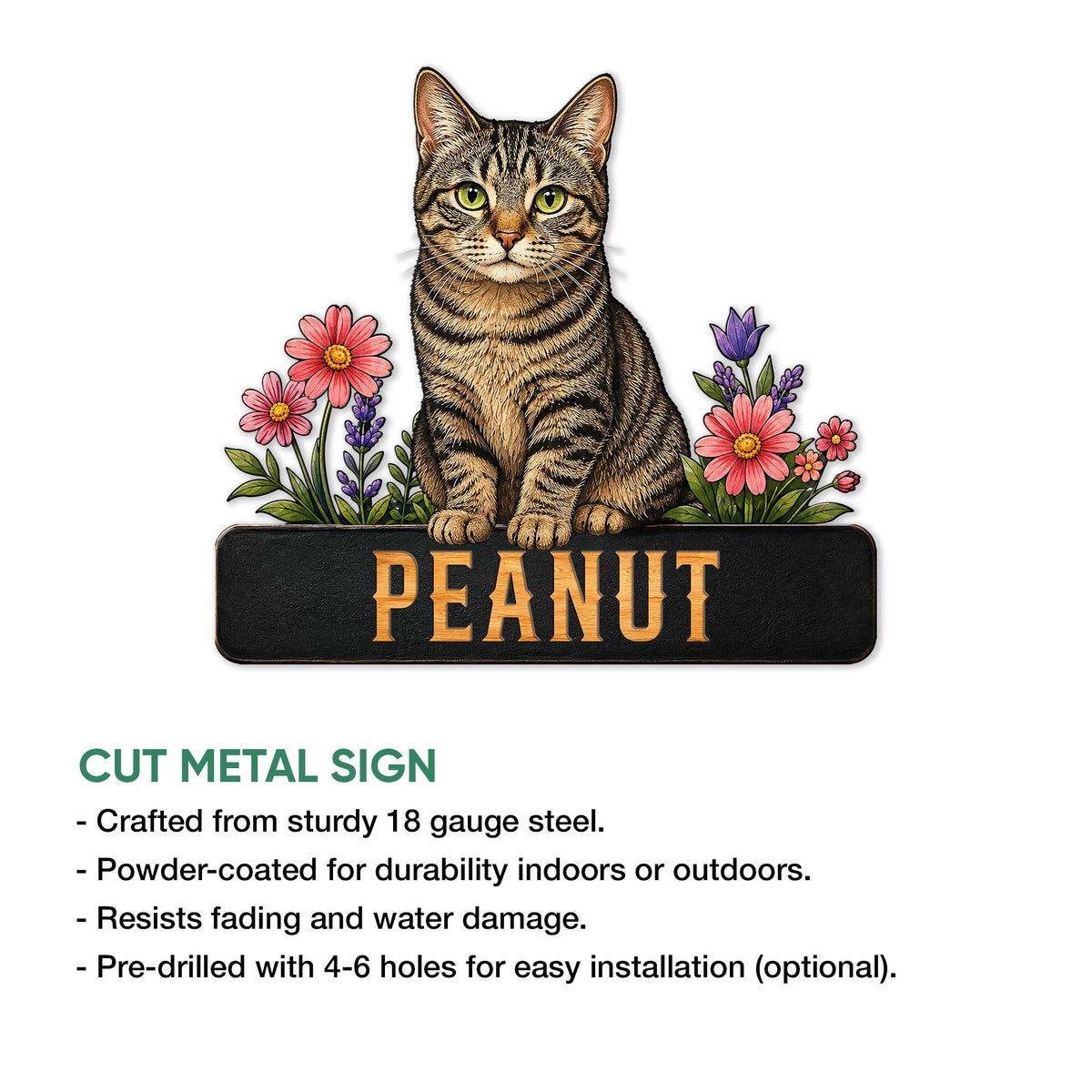 Tabby cat cut metal sign shown with a flower-framed cat design and product feature information