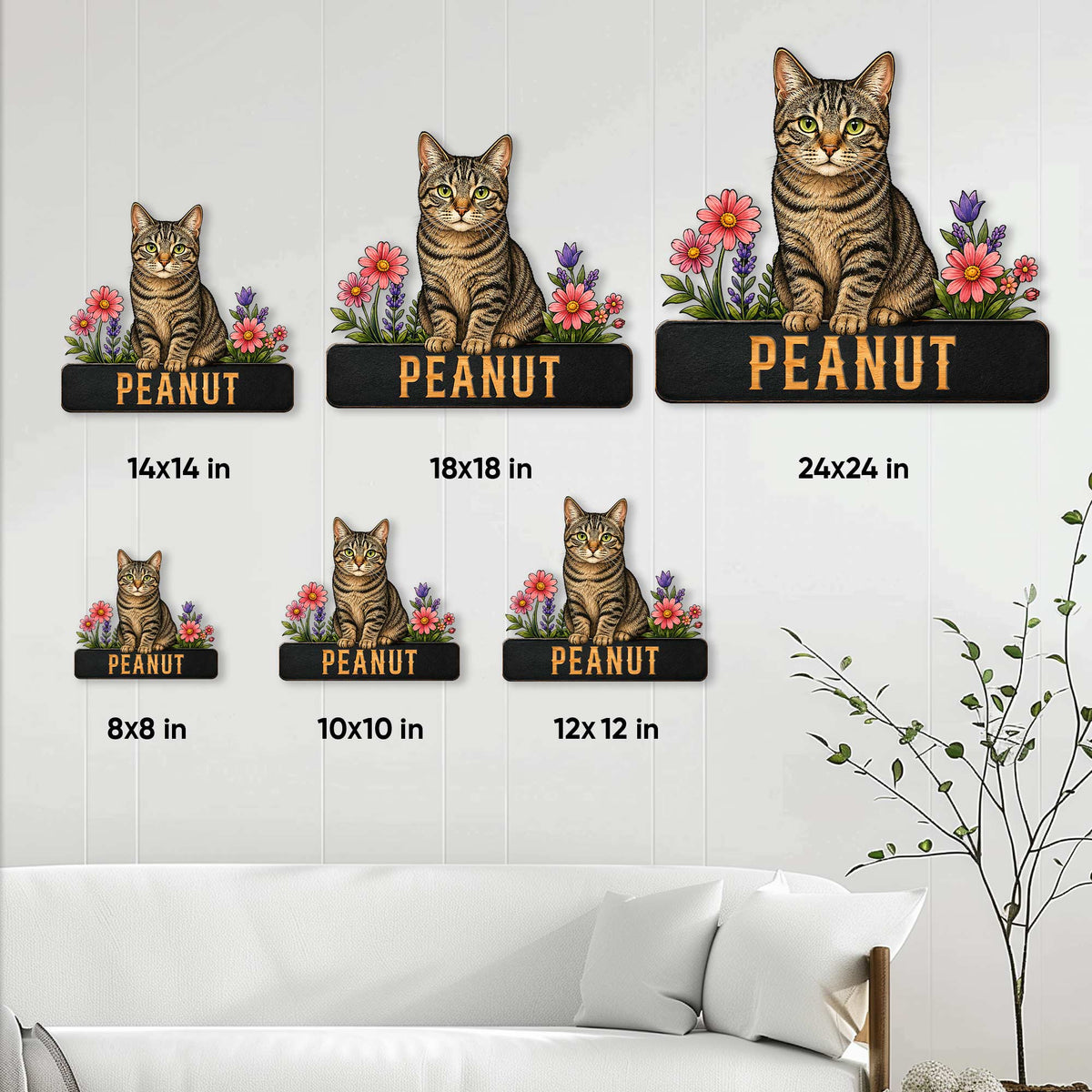 Tabby cat metal sign size guide showing six available square dimensions in a home decor setting