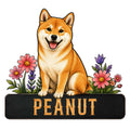Custom Shiba Inu metal sign featuring a cheerful dog surrounded by colorful flowers