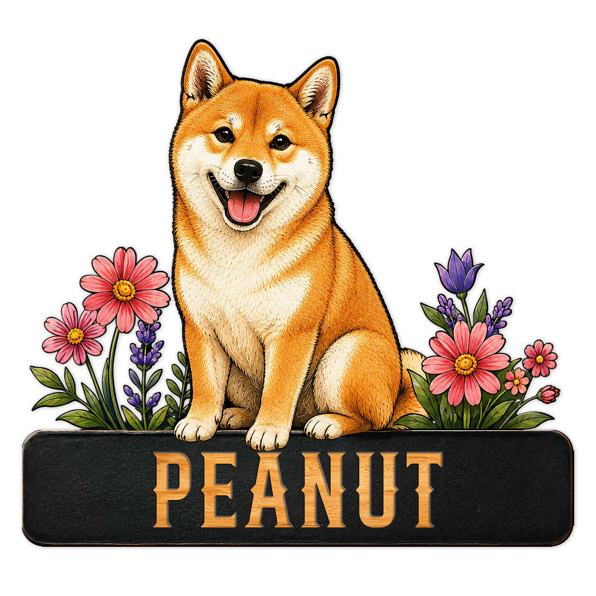Custom Shiba Inu metal sign featuring a cheerful dog surrounded by colorful flowers
