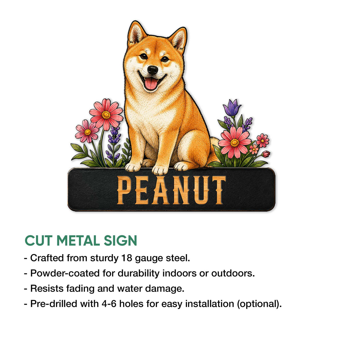 Shiba Inu metal sign shown with cut-metal construction and indoor or outdoor display features
