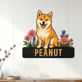 Shiba Inu wall sign displayed on a light wood-paneled wall above a console