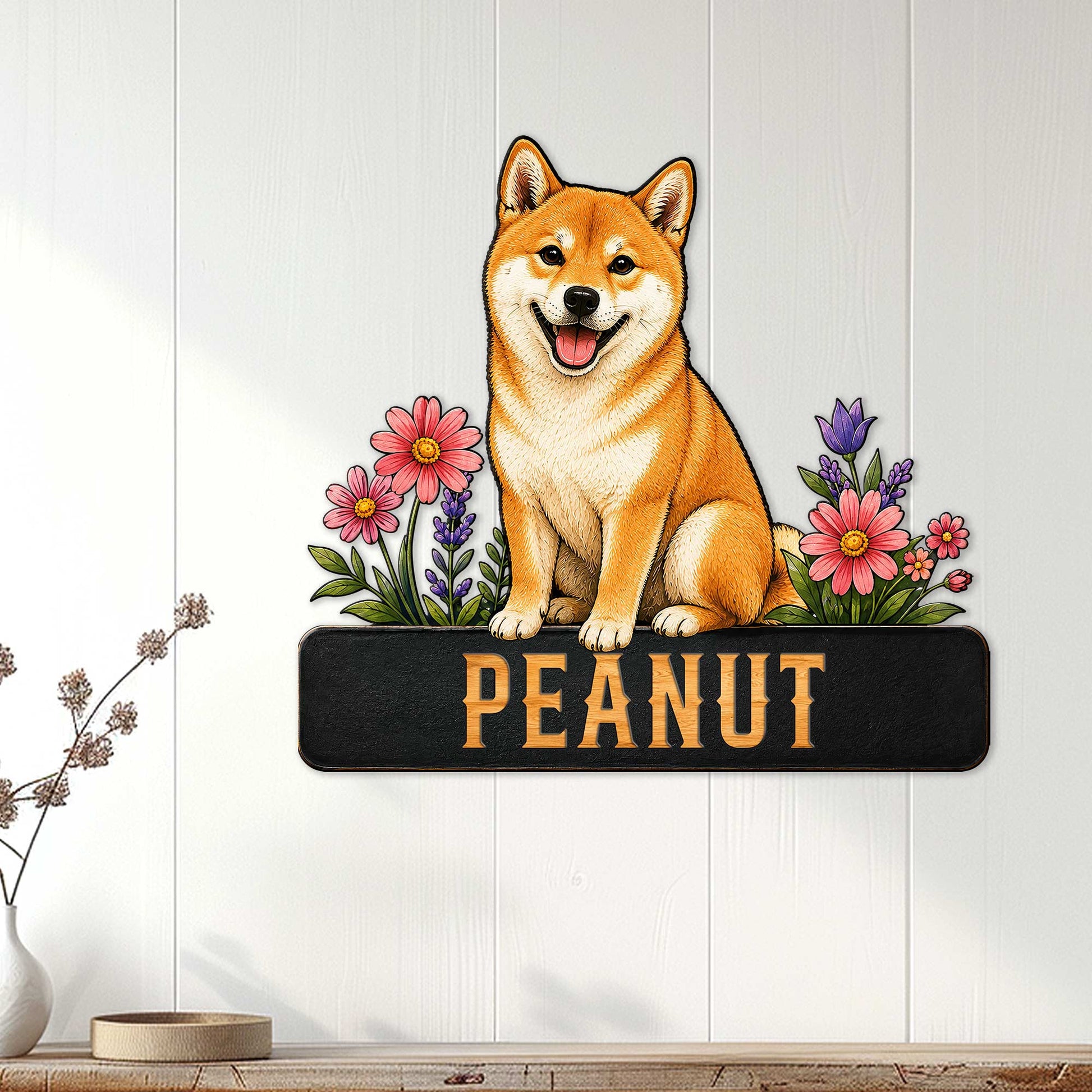 Shiba Inu wall sign displayed on a light wood-paneled wall above a console