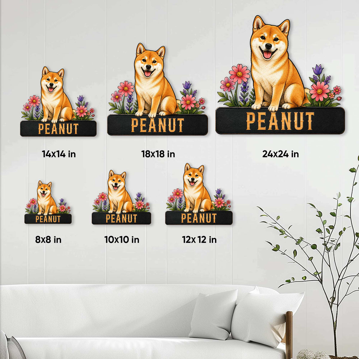 Shiba Inu metal sign size guide showing available square sizes from 8x8 to 24x24 inches
