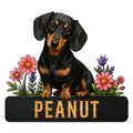 Custom dachshund metal sign featuring a black and tan wiener dog surrounded by colorful flowers