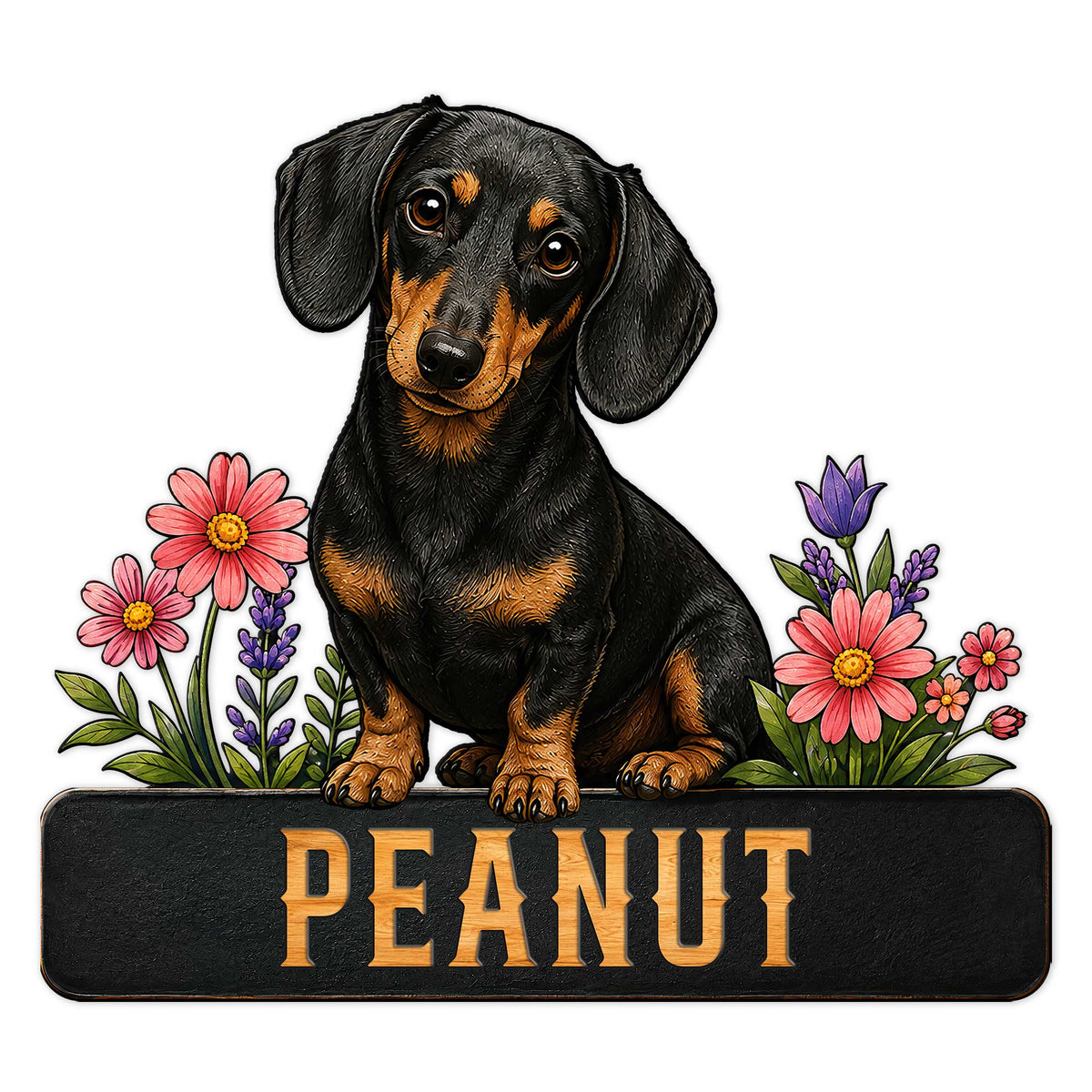 Custom dachshund metal sign featuring a black and tan wiener dog surrounded by colorful flowers