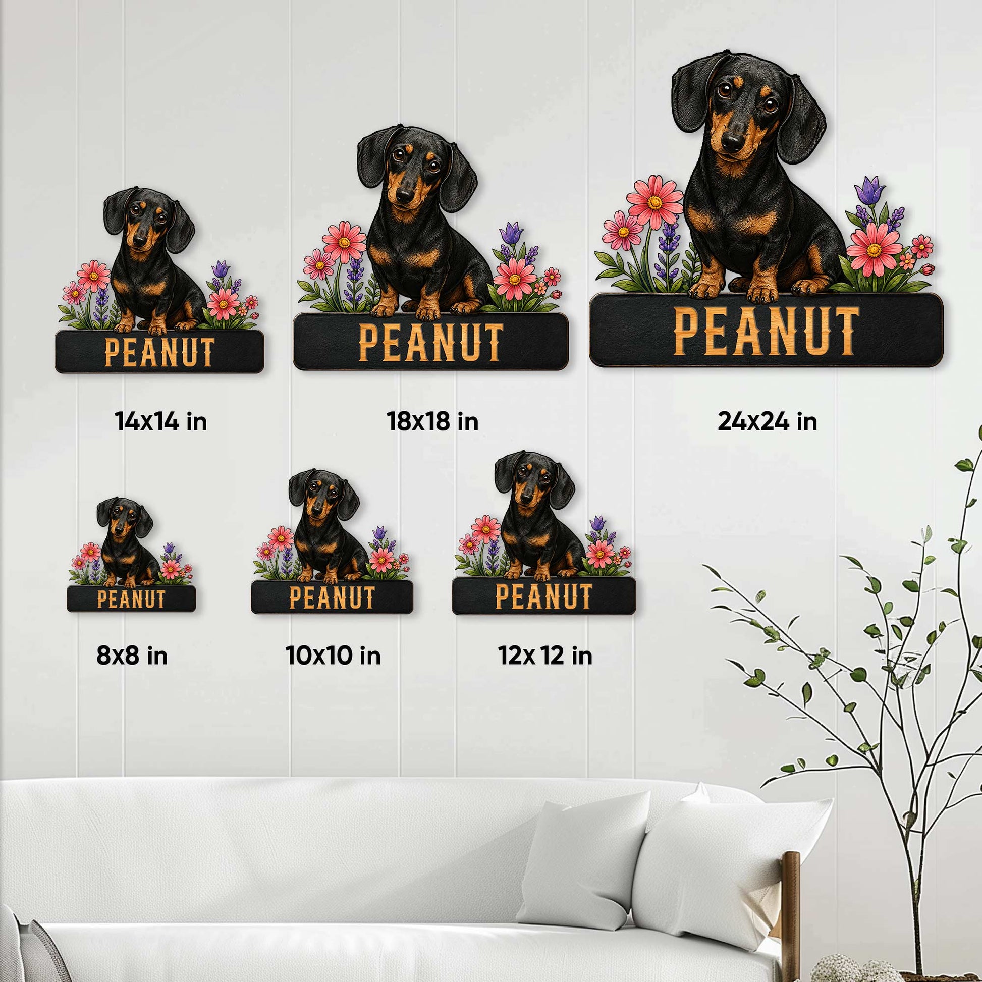 Dachshund metal sign size guide showing multiple square size options for home wall decor