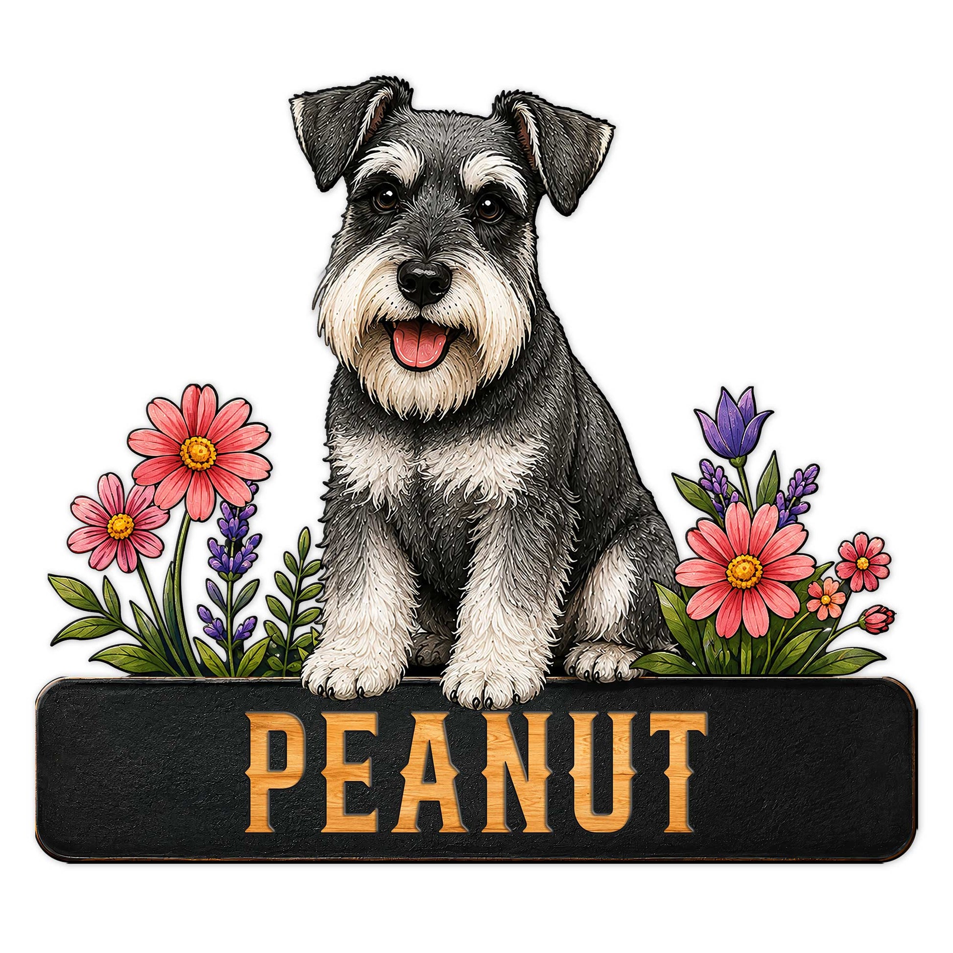 Detailed Miniature Schnauzer metal sign with a cheerful dog portrait surrounded by colorful flowers