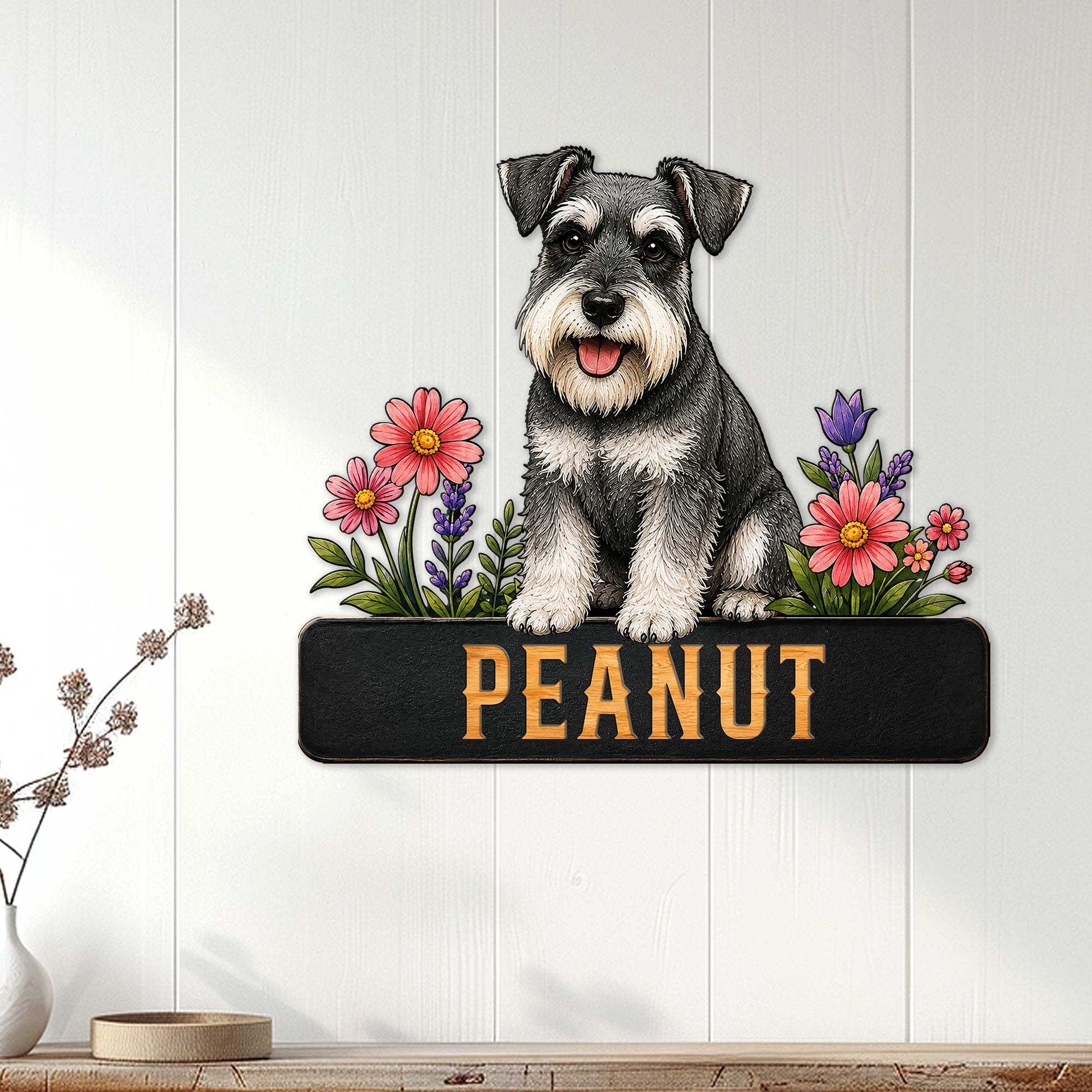 Floral Miniature Schnauzer metal sign displayed as wall decor in a bright home interior