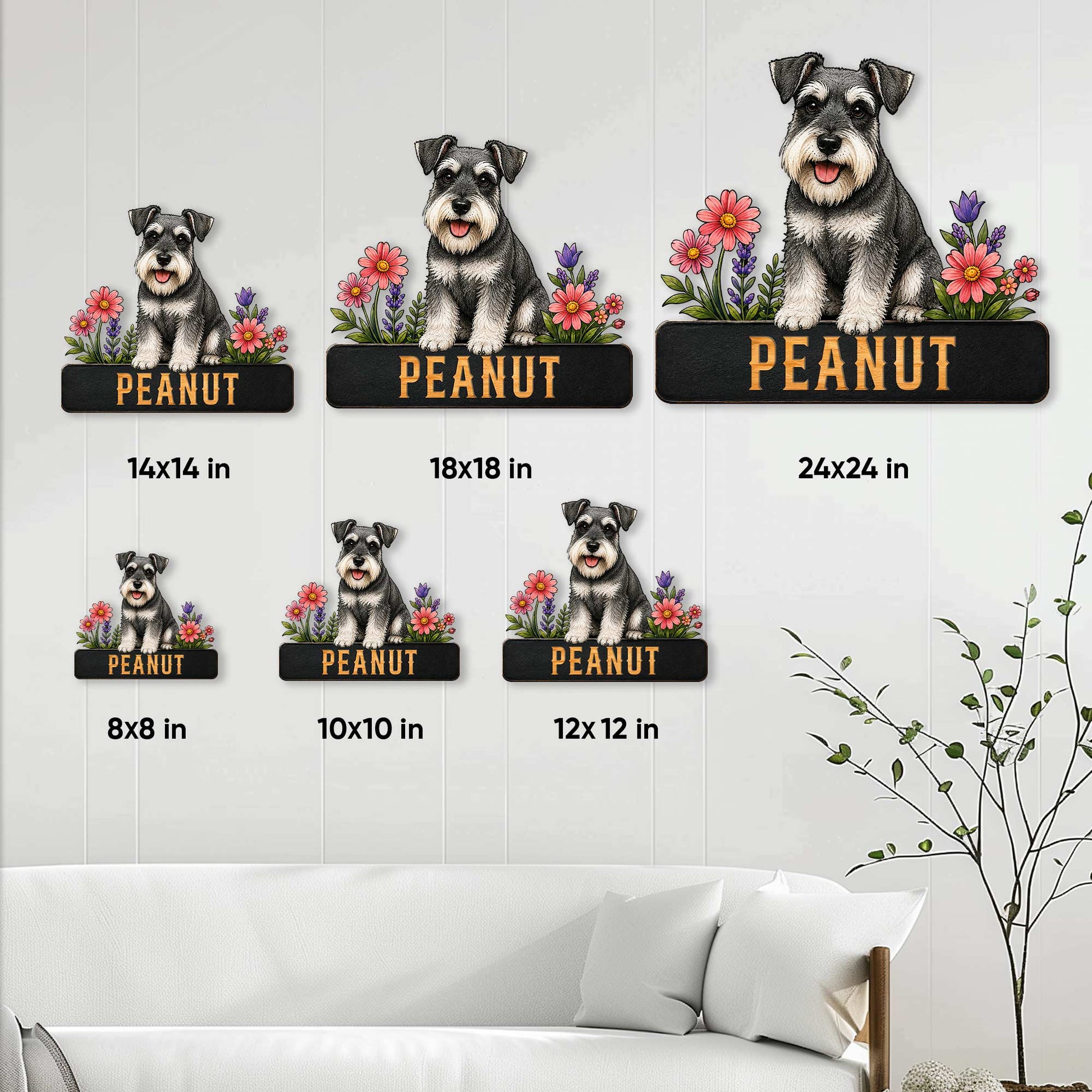 Miniature Schnauzer metal sign size guide showing six square size options in a room setting