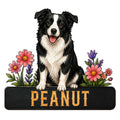 Border Collie metal sign featuring a cheerful black-and-white dog surrounded by colorful flowers