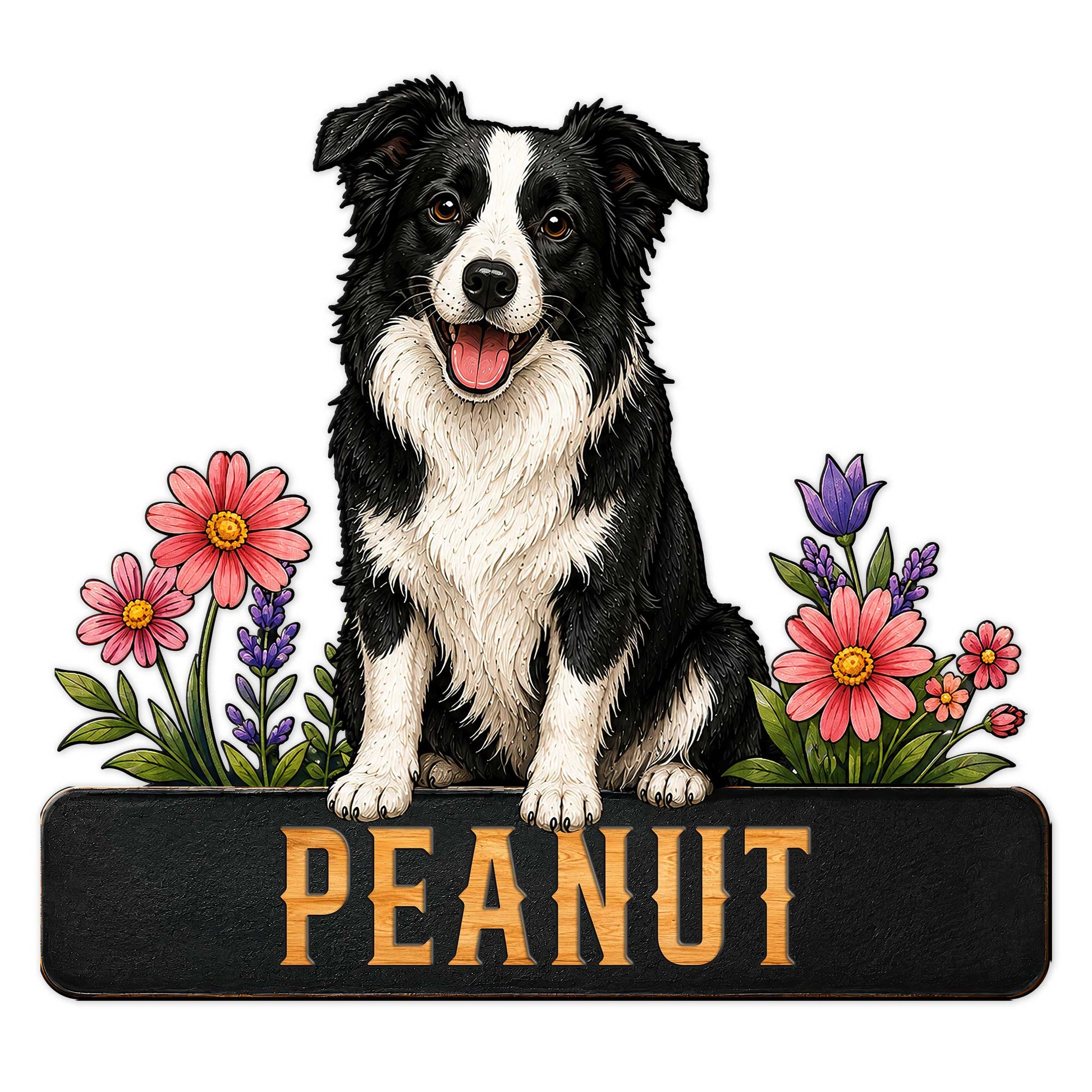 Border Collie metal sign featuring a cheerful black-and-white dog surrounded by colorful flowers