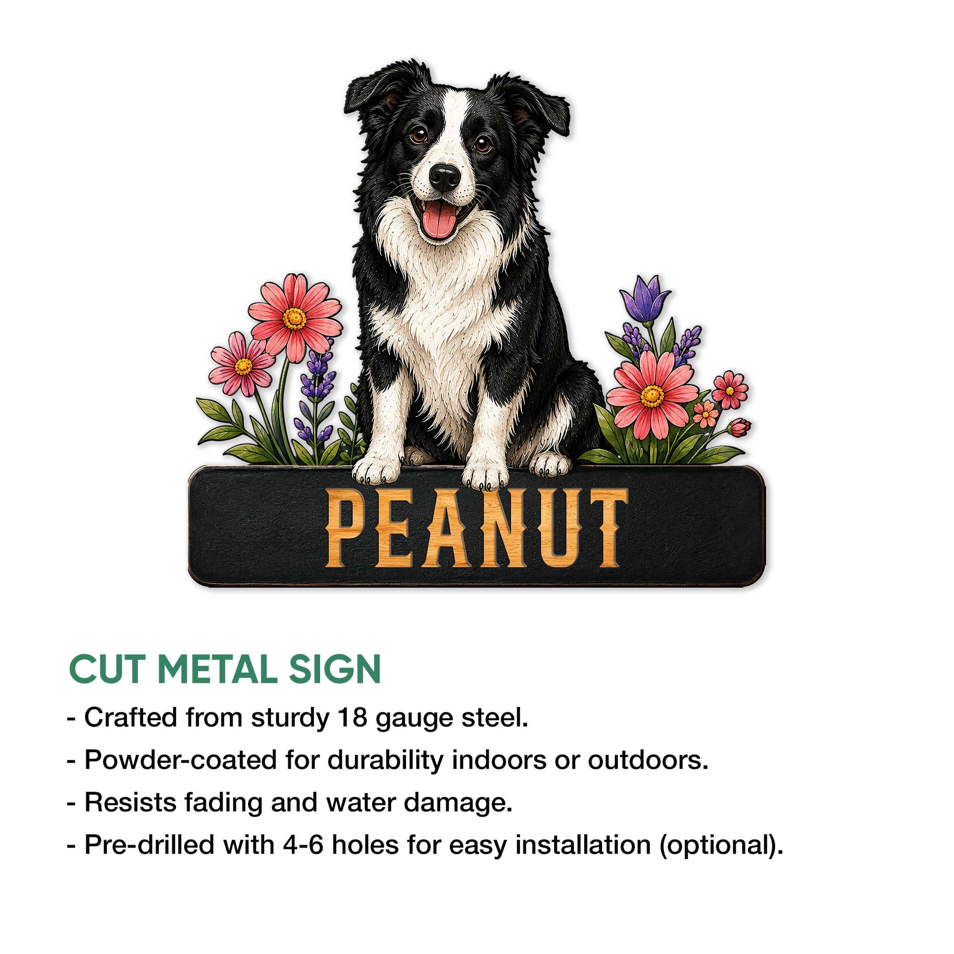 Border Collie cut metal sign shown with product feature details for indoor or outdoor display