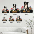 Border Collie metal sign size guide showing available 8x8, 10x10, 12x12, 14x14, 18x18, and 24x24 inch options