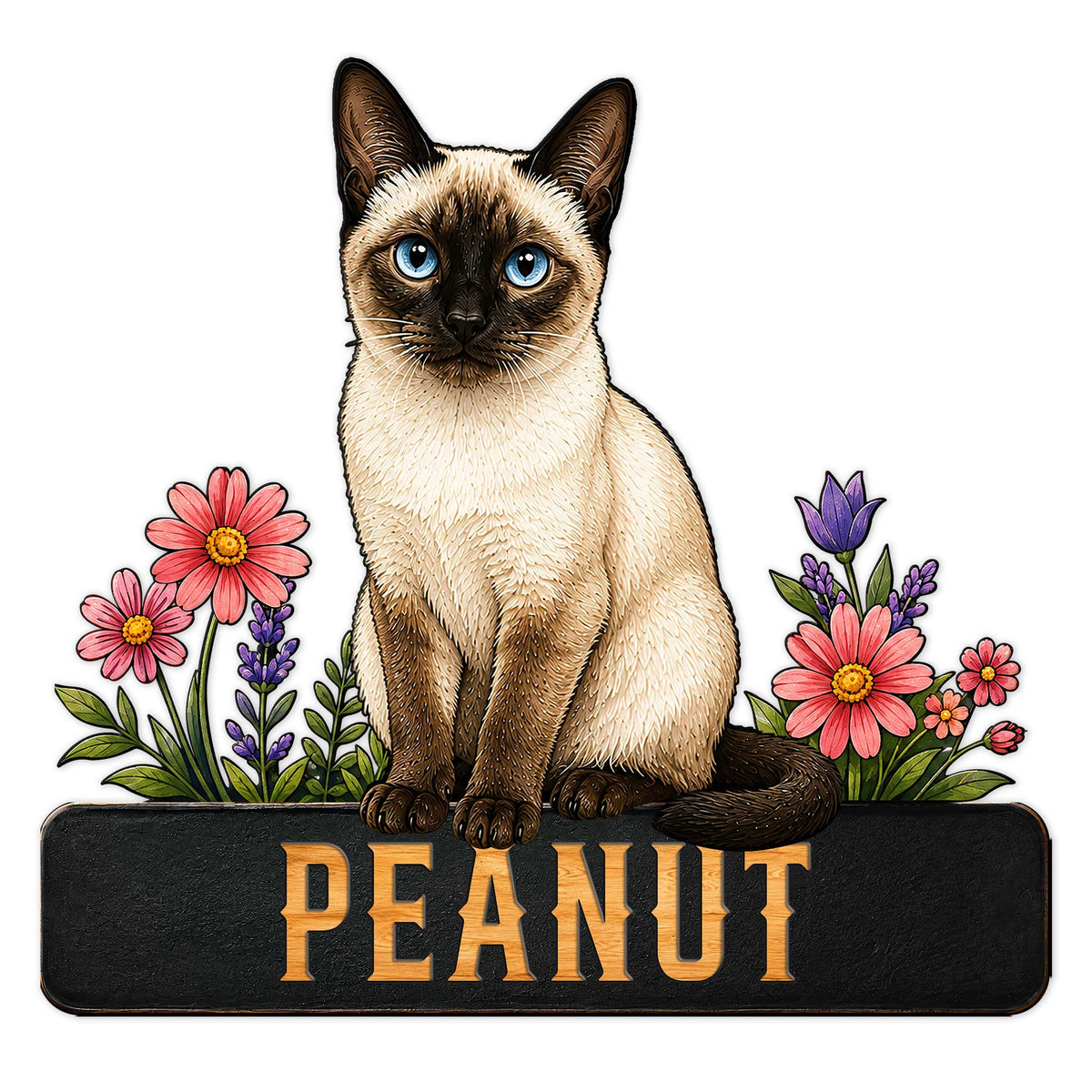 Siamese cat metal sign featuring a blue-eyed cat surrounded by colorful flowers and leafy botanicals