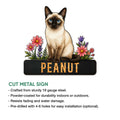 Siamese cat cut metal sign shown with product feature information for indoor and outdoor display