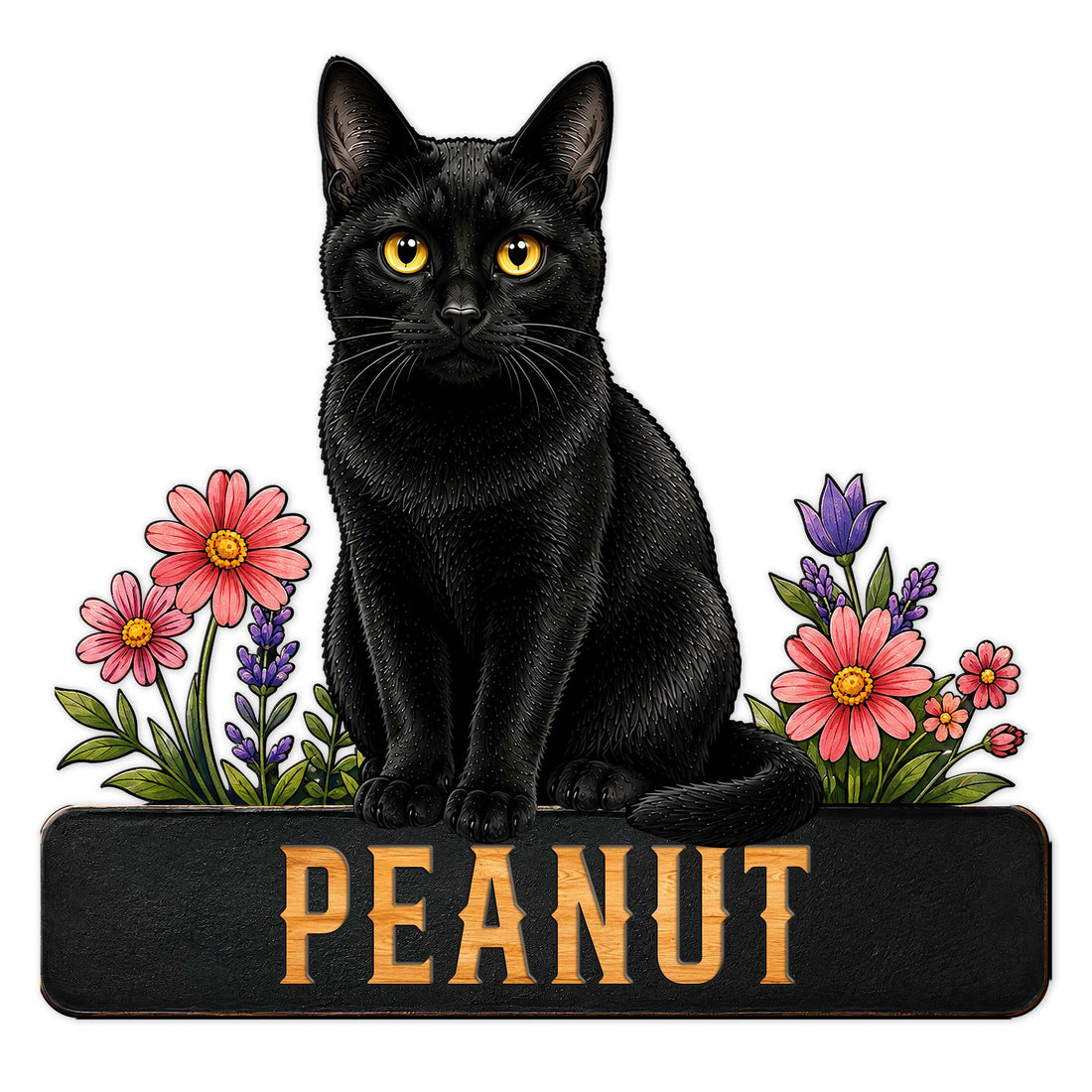 Black cat metal sign with bright golden eyes, colorful flowers, and a bold decorative base