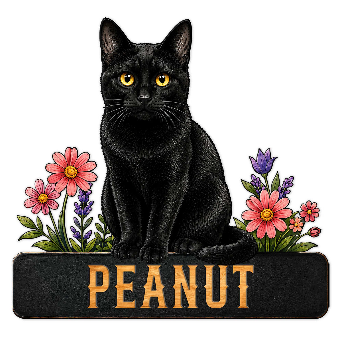 Black cat metal sign with bright golden eyes, colorful flowers, and a bold decorative base