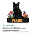 Black cat metal sign shown with a floral design and product feature details for indoor or outdoor display