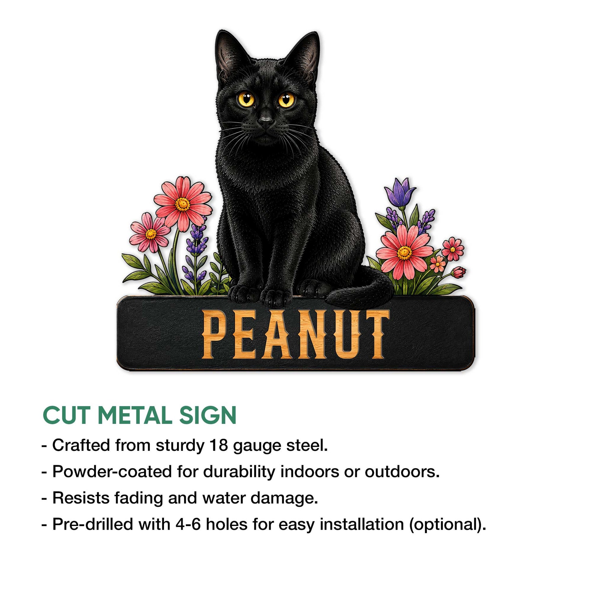 Black cat metal sign shown with a floral design and product feature details for indoor or outdoor display