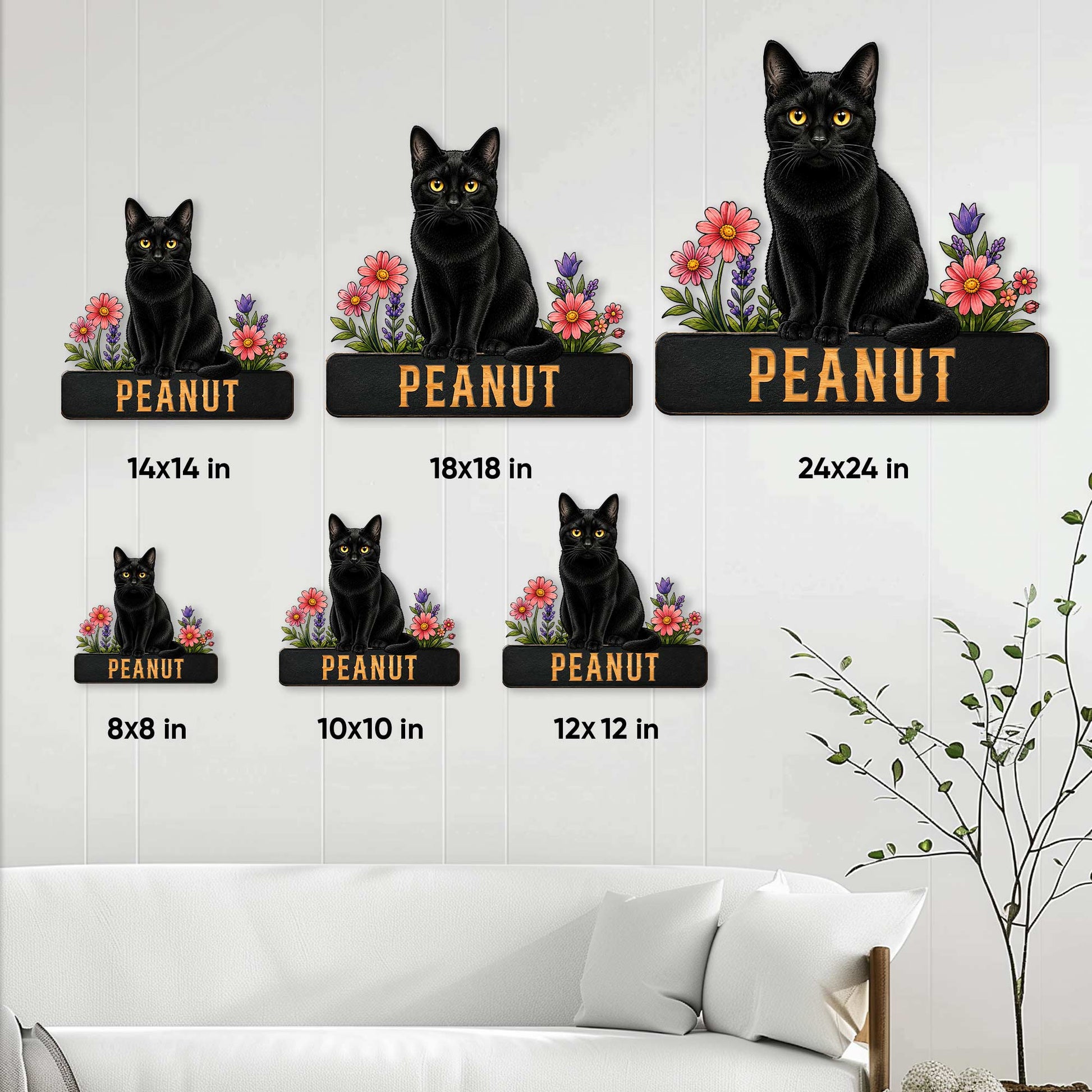 Black cat metal sign size guide showing available square dimensions from 8 by 8 to 24 by 24 inches